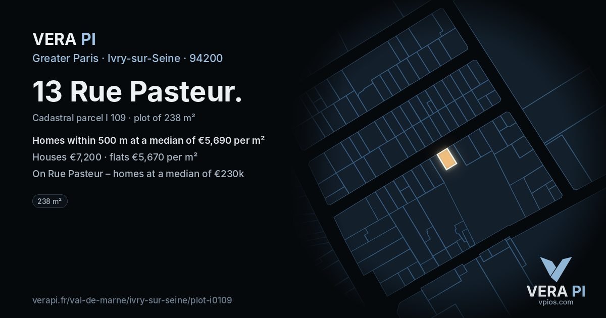 13 Rue Pasteur, Ivry-sur-Seine at night – the plot lit, the parcels around coloured by the prices near them