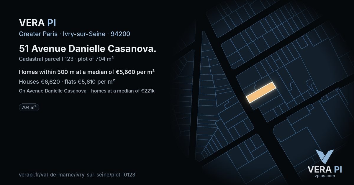 51 Avenue Danielle Casanova, Ivry-sur-Seine at night – the plot lit, the parcels around coloured by the prices near them