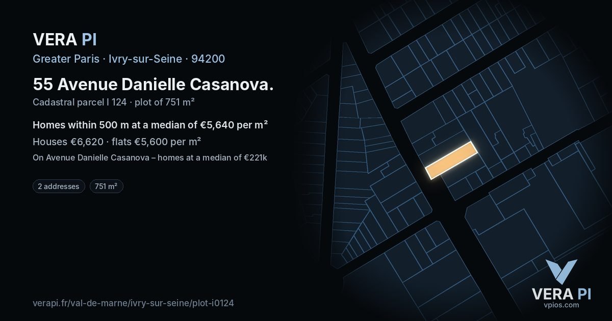 55 Avenue Danielle Casanova, Ivry-sur-Seine at night – the plot lit, the parcels around coloured by the prices near them