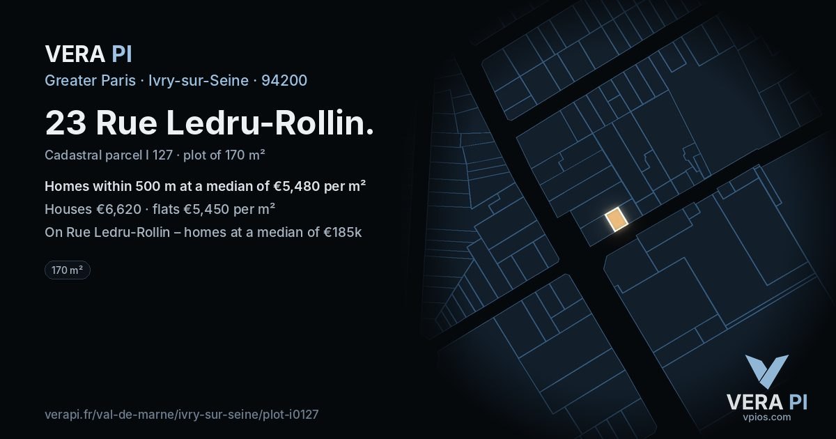 23 Rue Ledru-Rollin, Ivry-sur-Seine at night – the plot lit, the parcels around coloured by the prices near them