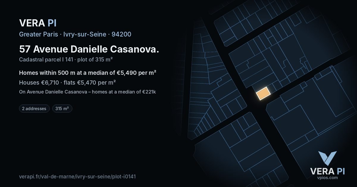 57 Avenue Danielle Casanova, Ivry-sur-Seine at night – the plot lit, the parcels around coloured by the prices near them