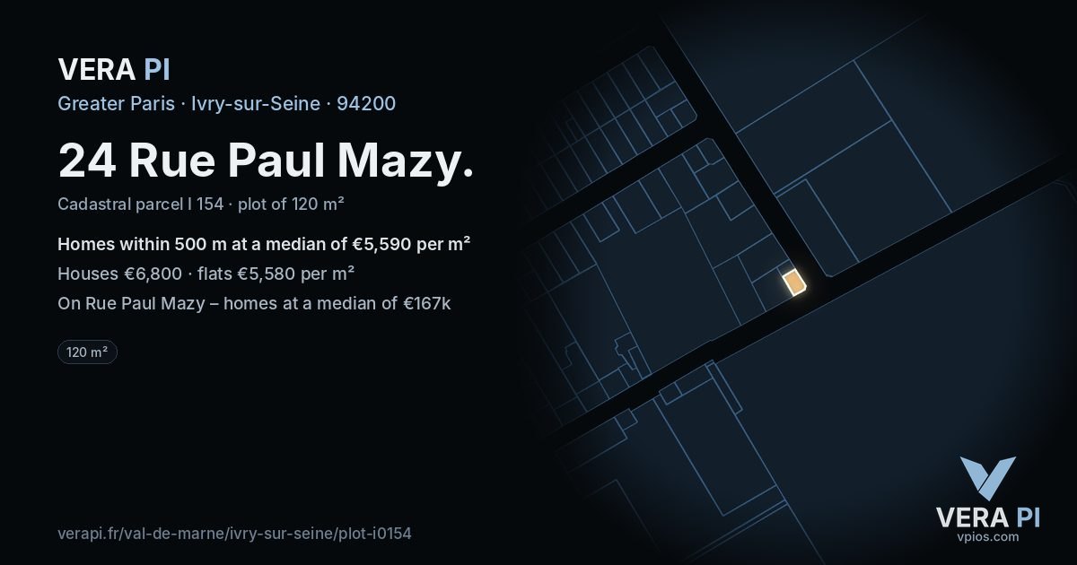 24 Rue Paul Mazy, Ivry-sur-Seine at night – the plot lit, the parcels around coloured by the prices near them