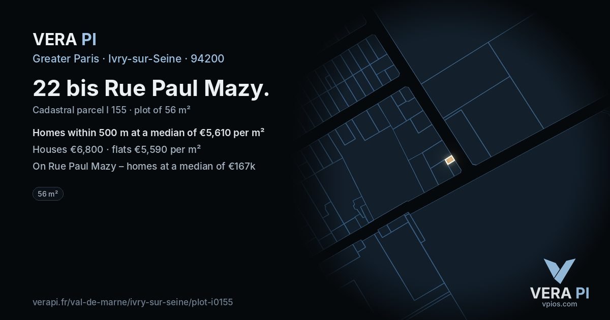 22 bis Rue Paul Mazy, Ivry-sur-Seine at night – the plot lit, the parcels around coloured by the prices near them