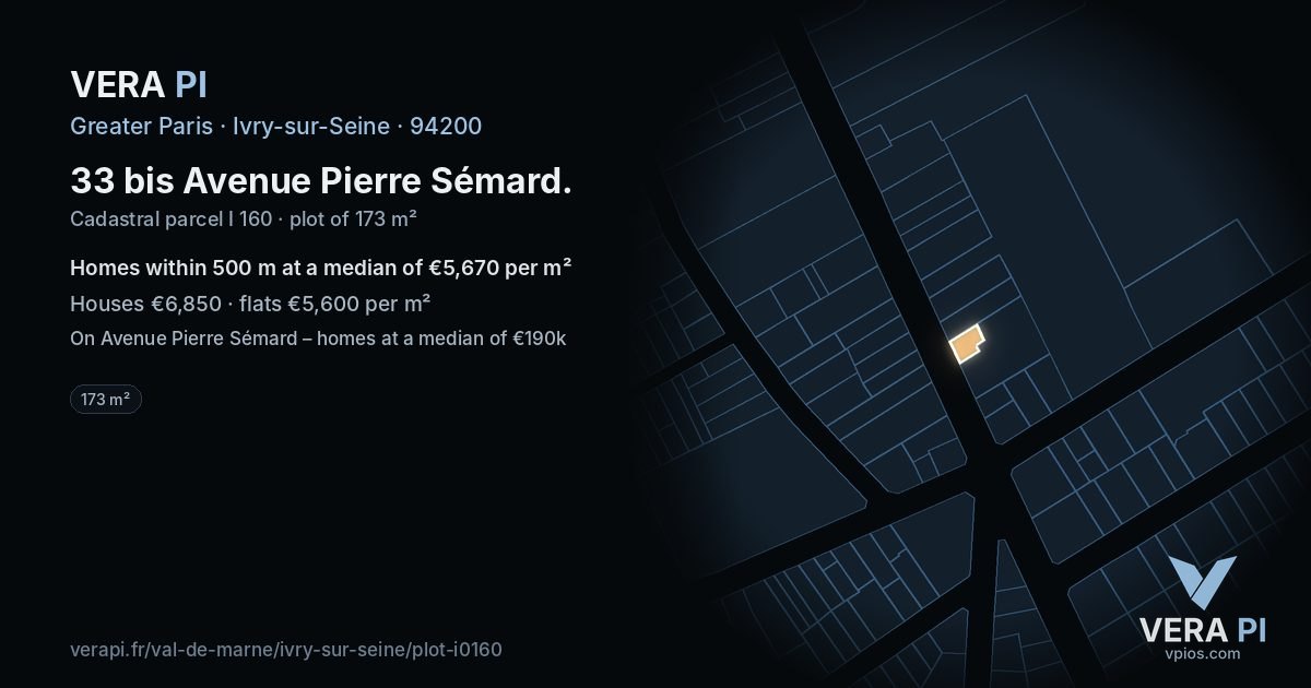 33 bis Avenue Pierre Sémard, Ivry-sur-Seine at night – the plot lit, the parcels around coloured by the prices near them