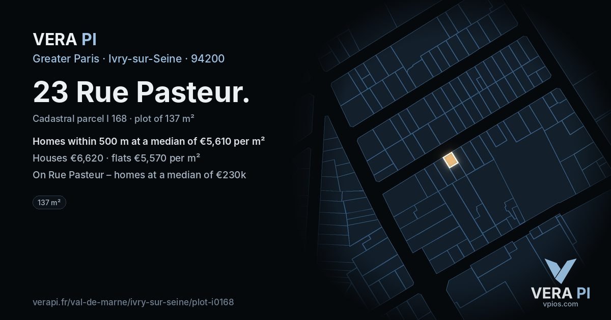 23 Rue Pasteur, Ivry-sur-Seine at night – the plot lit, the parcels around coloured by the prices near them