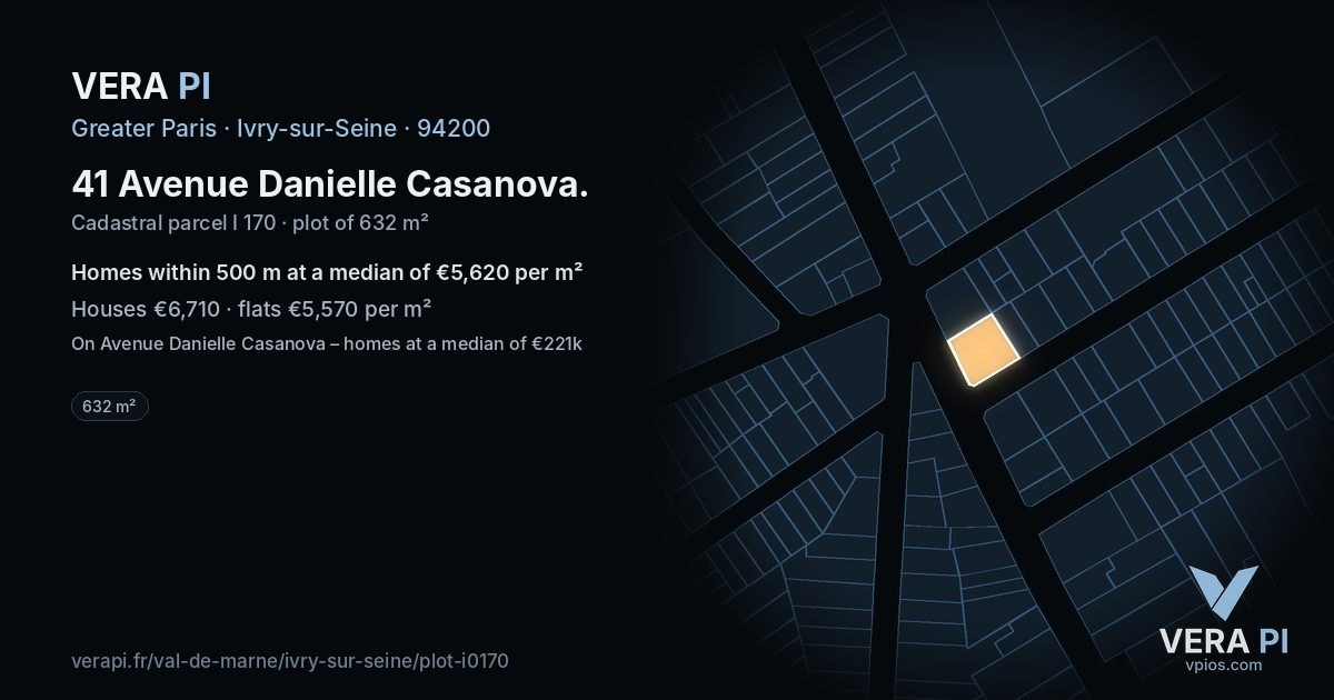 41 Avenue Danielle Casanova, Ivry-sur-Seine at night – the plot lit, the parcels around coloured by the prices near them