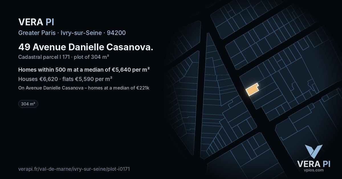 49 Avenue Danielle Casanova, Ivry-sur-Seine at night – the plot lit, the parcels around coloured by the prices near them