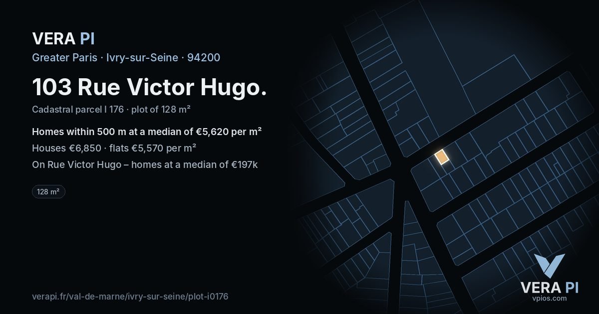 103 Rue Victor Hugo, Ivry-sur-Seine at night – the plot lit, the parcels around coloured by the prices near them