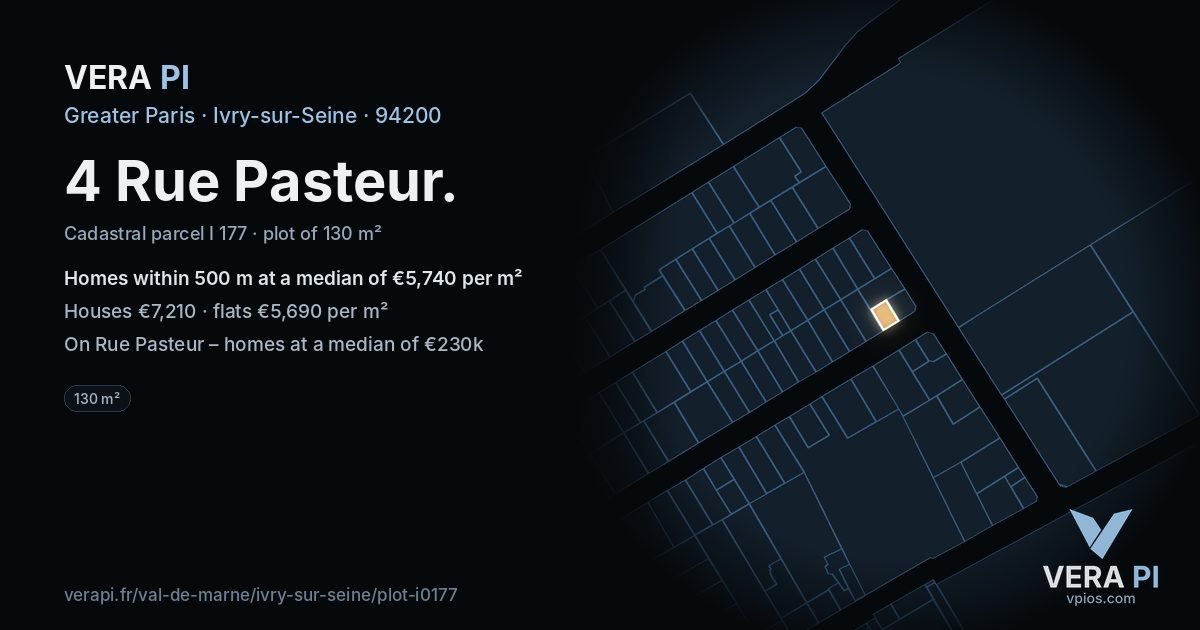 4 Rue Pasteur, Ivry-sur-Seine at night – the plot lit, the parcels around coloured by the prices near them