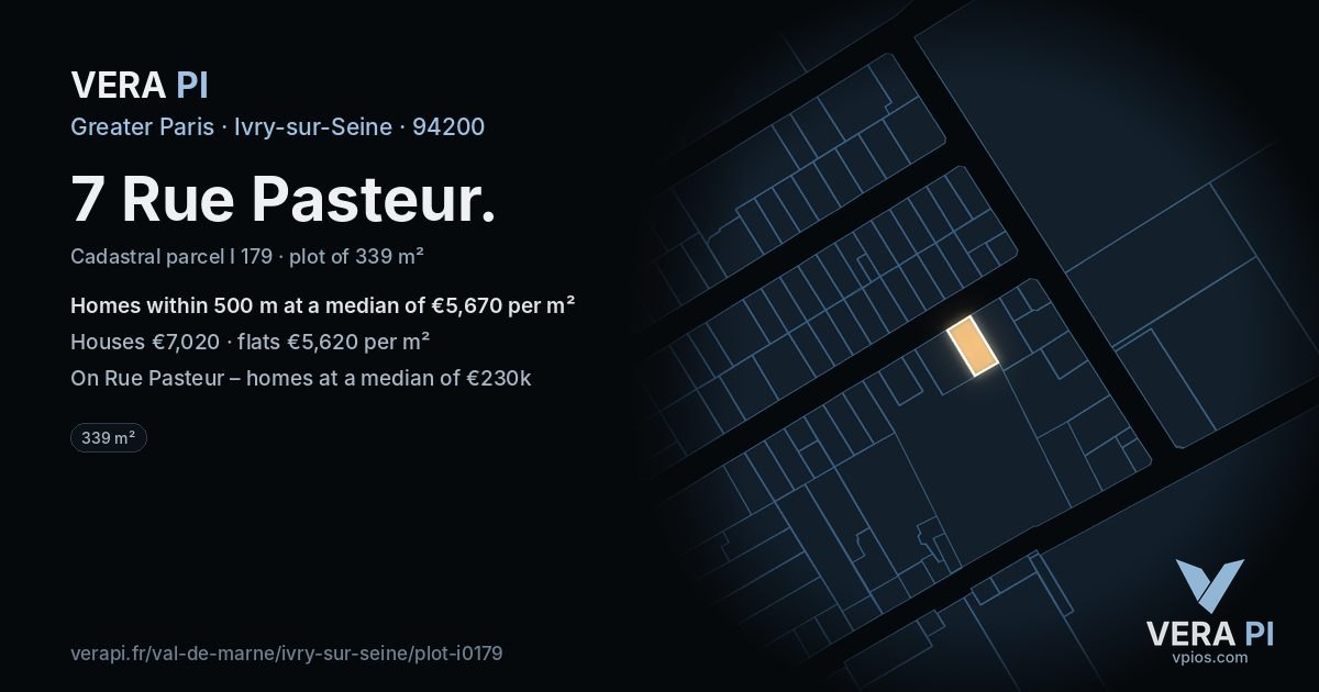7 Rue Pasteur, Ivry-sur-Seine at night – the plot lit, the parcels around coloured by the prices near them