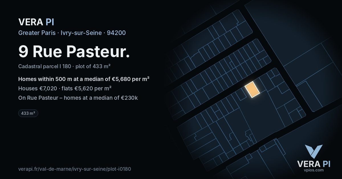 9 Rue Pasteur, Ivry-sur-Seine at night – the plot lit, the parcels around coloured by the prices near them