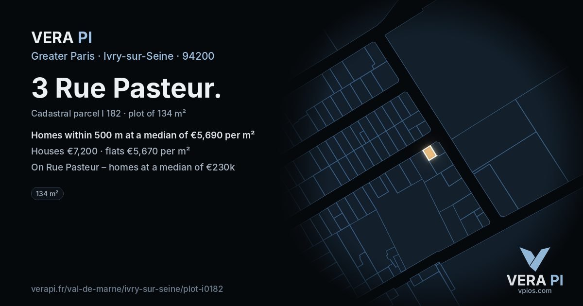 3 Rue Pasteur, Ivry-sur-Seine at night – the plot lit, the parcels around coloured by the prices near them