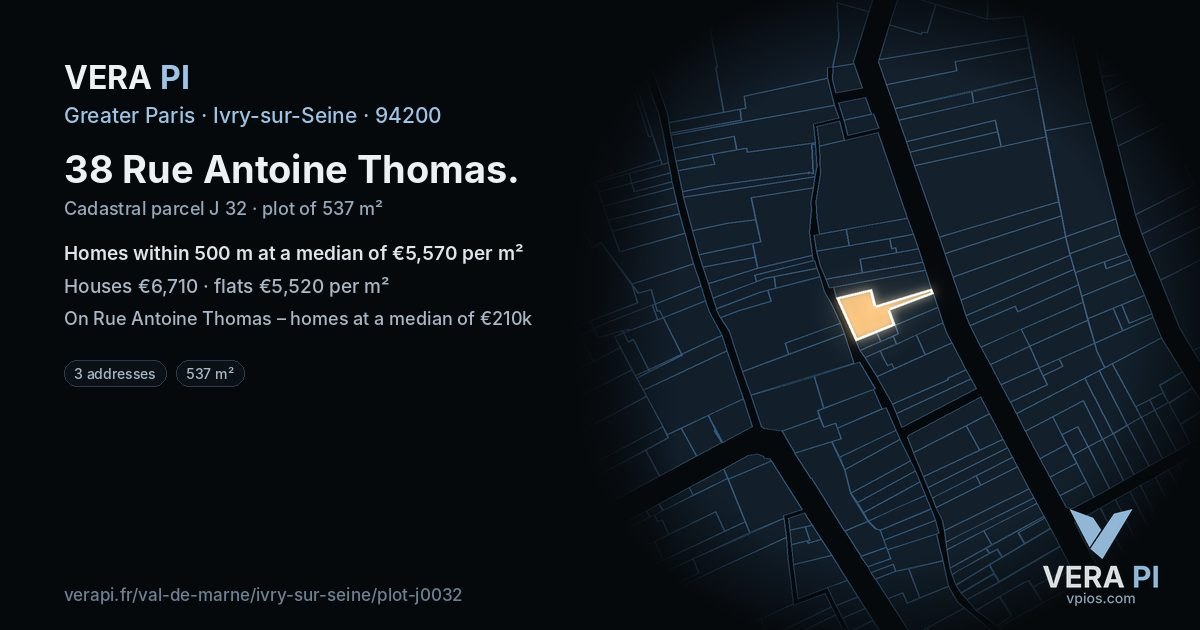 38 Rue Antoine Thomas, Ivry-sur-Seine at night – the plot lit, the parcels around coloured by the prices near them