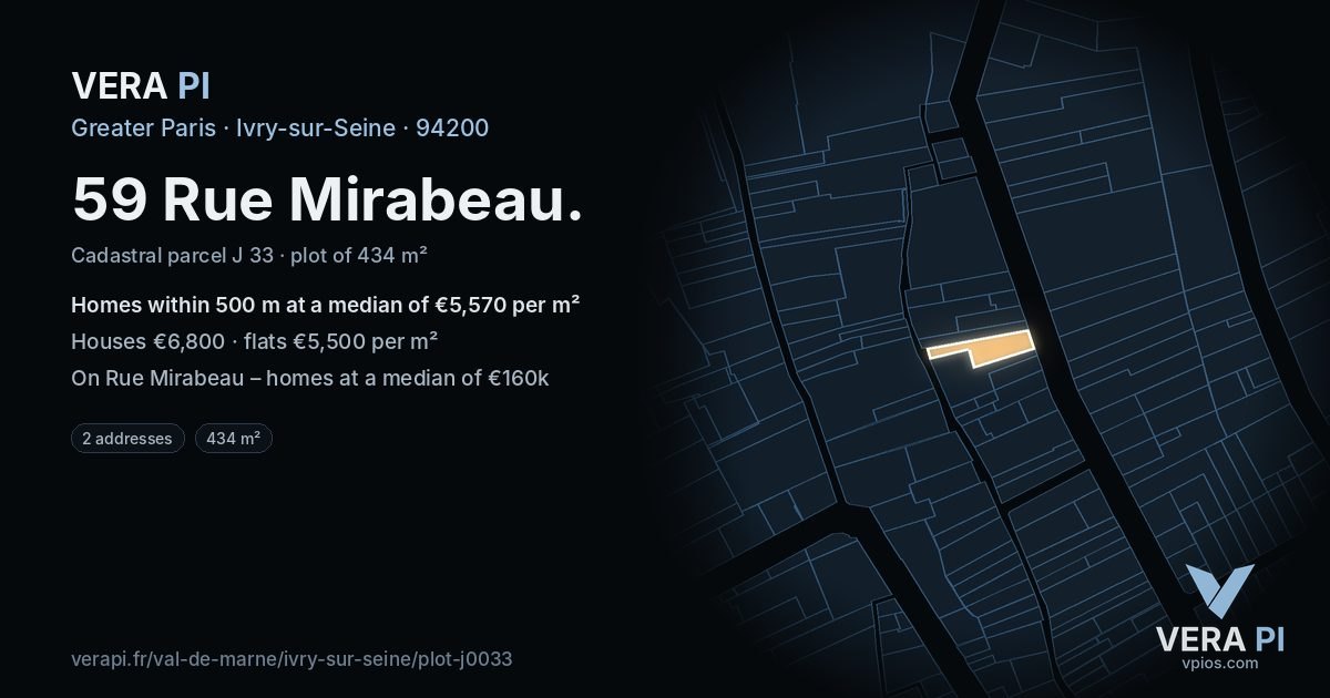 59 Rue Mirabeau, Ivry-sur-Seine at night – the plot lit, the parcels around coloured by the prices near them