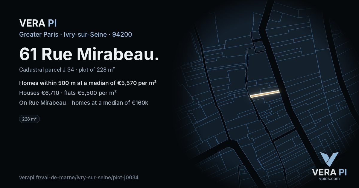 61 Rue Mirabeau, Ivry-sur-Seine at night – the plot lit, the parcels around coloured by the prices near them