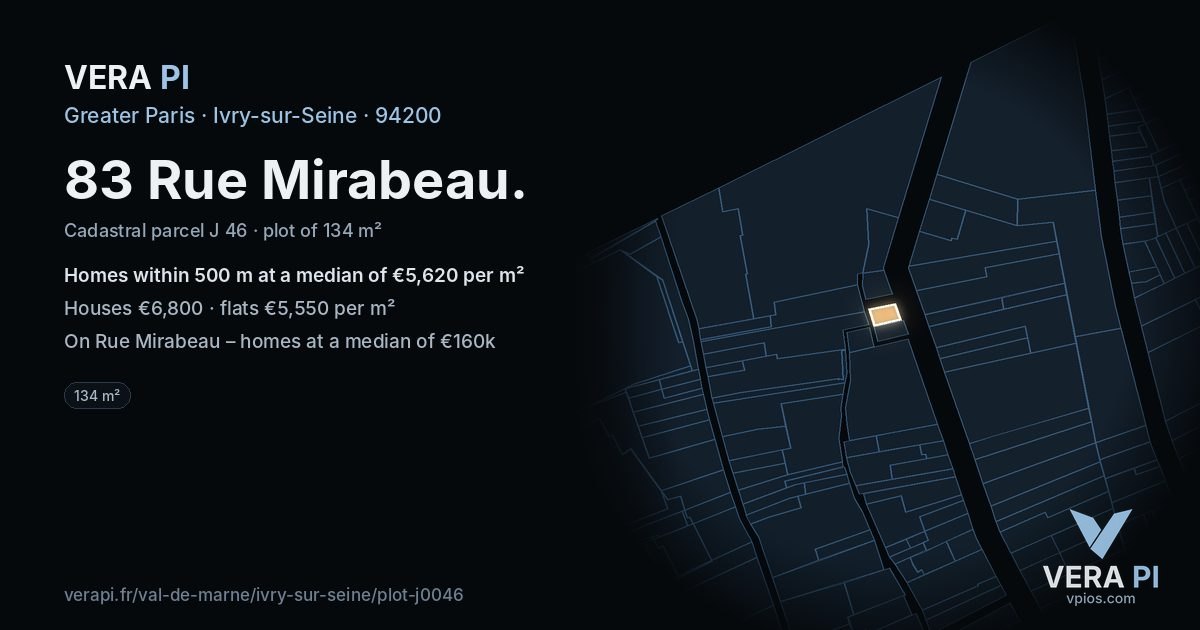 83 Rue Mirabeau, Ivry-sur-Seine at night – the plot lit, the parcels around coloured by the prices near them