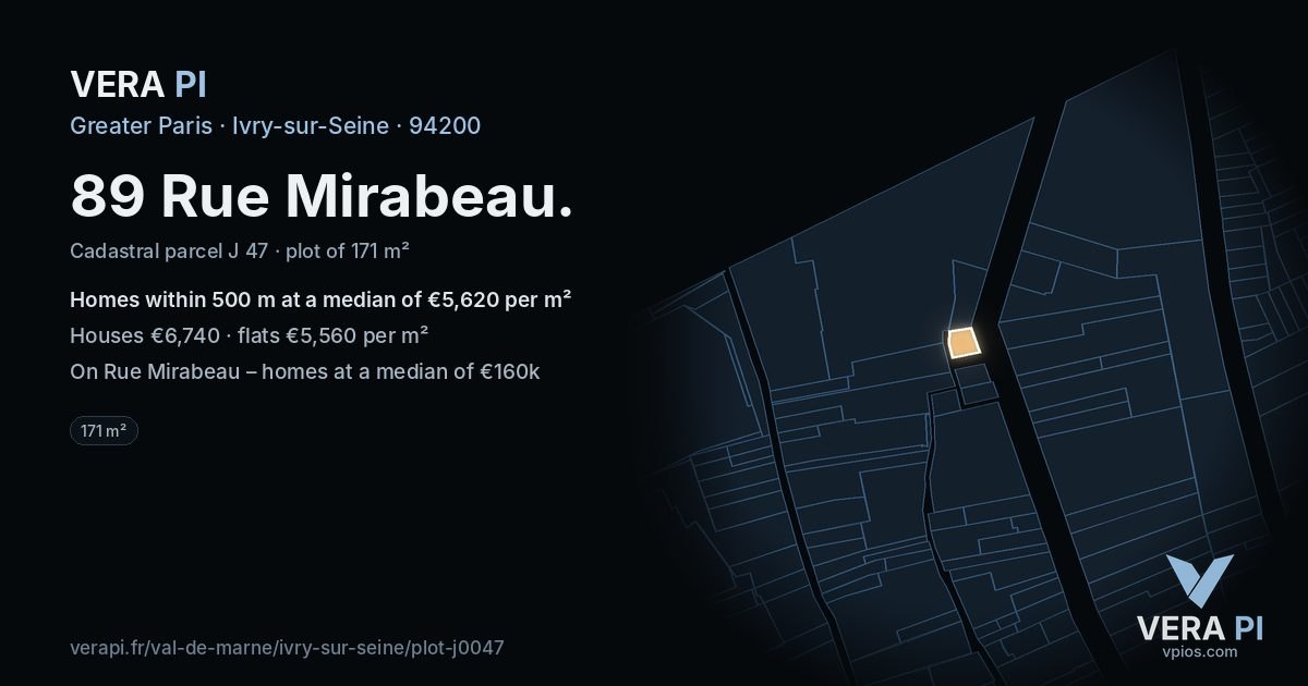 89 Rue Mirabeau, Ivry-sur-Seine at night – the plot lit, the parcels around coloured by the prices near them