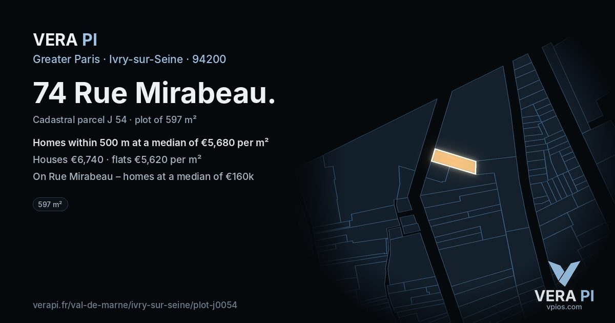 74 Rue Mirabeau, Ivry-sur-Seine at night – the plot lit, the parcels around coloured by the prices near them