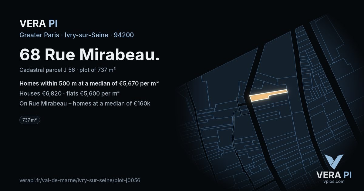 68 Rue Mirabeau, Ivry-sur-Seine at night – the plot lit, the parcels around coloured by the prices near them