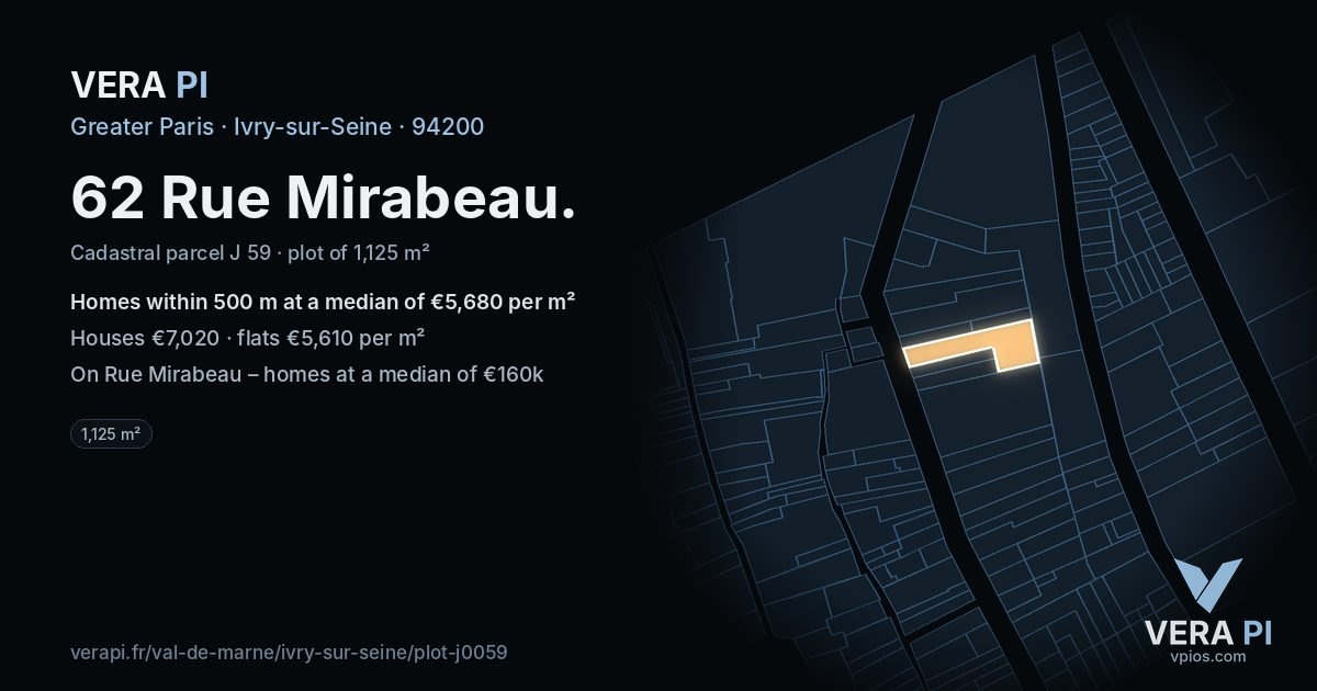 62 Rue Mirabeau, Ivry-sur-Seine at night – the plot lit, the parcels around coloured by the prices near them