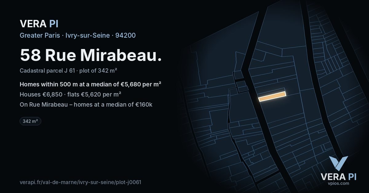 58 Rue Mirabeau, Ivry-sur-Seine at night – the plot lit, the parcels around coloured by the prices near them