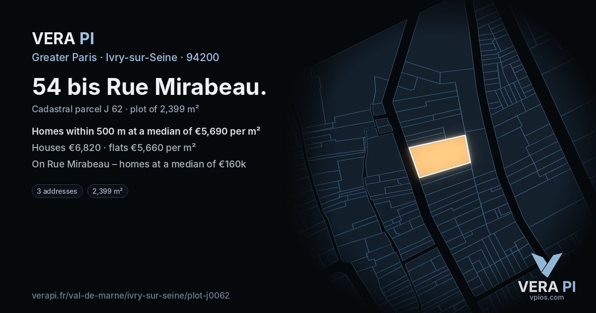 54 bis Rue Mirabeau, Ivry-sur-Seine at night – the plot lit, the parcels around coloured by the prices near them