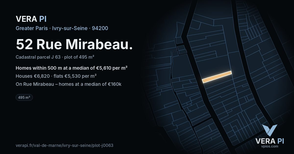 52 Rue Mirabeau, Ivry-sur-Seine at night – the plot lit, the parcels around coloured by the prices near them