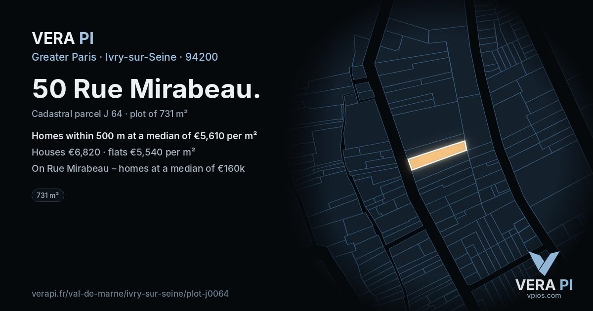 50 Rue Mirabeau, Ivry-sur-Seine at night – the plot lit, the parcels around coloured by the prices near them