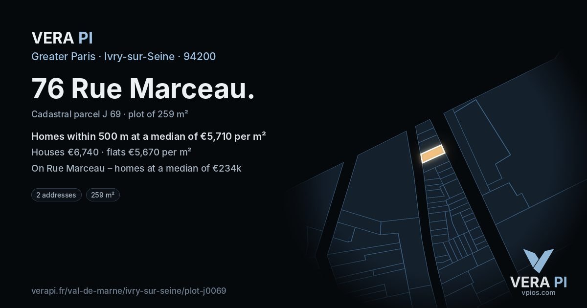 76 Rue Marceau, Ivry-sur-Seine at night – the plot lit, the parcels around coloured by the prices near them