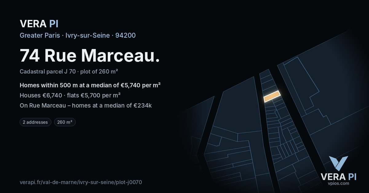 74 Rue Marceau, Ivry-sur-Seine at night – the plot lit, the parcels around coloured by the prices near them