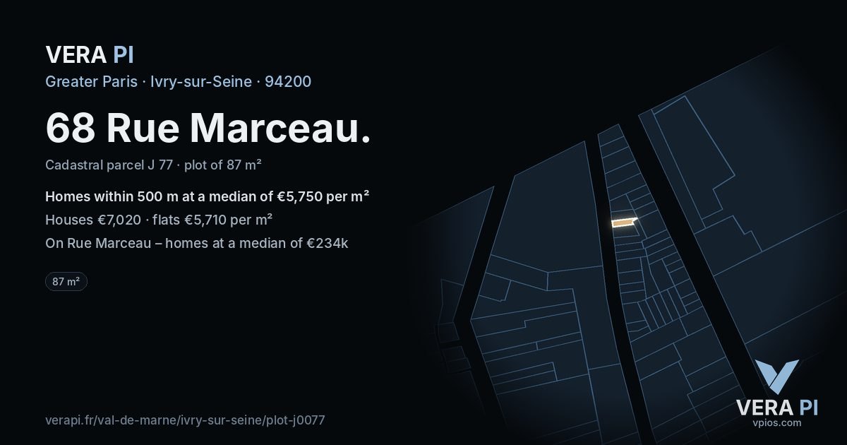 68 Rue Marceau, Ivry-sur-Seine at night – the plot lit, the parcels around coloured by the prices near them