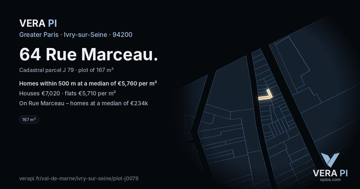 64 Rue Marceau, Ivry-sur-Seine at night – the plot lit, the parcels around coloured by the prices near them