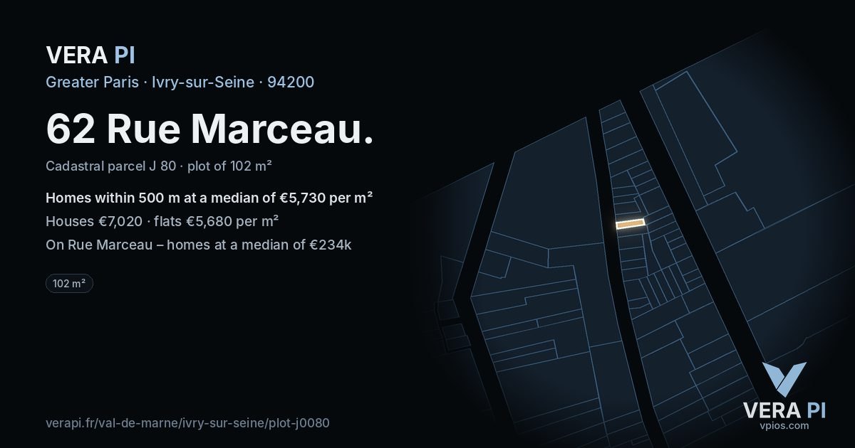 62 Rue Marceau, Ivry-sur-Seine at night – the plot lit, the parcels around coloured by the prices near them