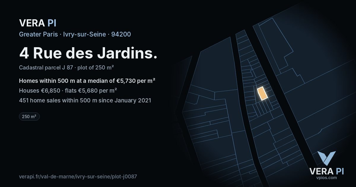 4 Rue des Jardins, Ivry-sur-Seine at night – the plot lit, the parcels around coloured by the prices near them