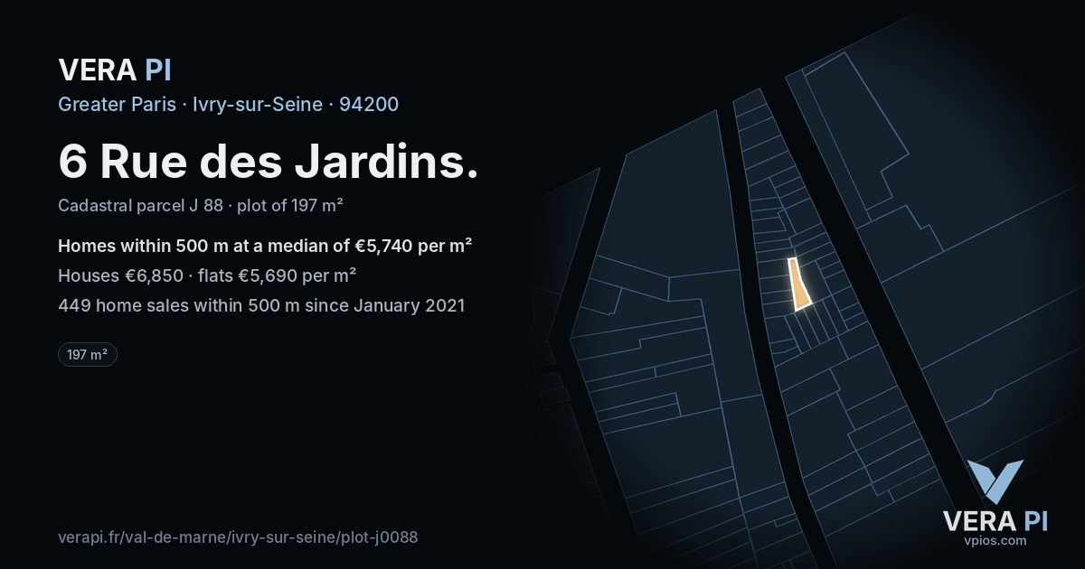 6 Rue des Jardins, Ivry-sur-Seine at night – the plot lit, the parcels around coloured by the prices near them