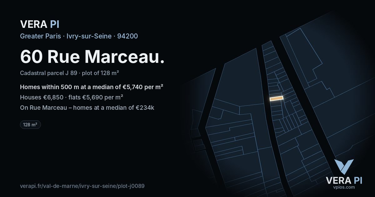 60 Rue Marceau, Ivry-sur-Seine at night – the plot lit, the parcels around coloured by the prices near them