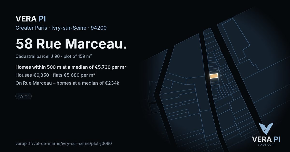 58 Rue Marceau, Ivry-sur-Seine at night – the plot lit, the parcels around coloured by the prices near them