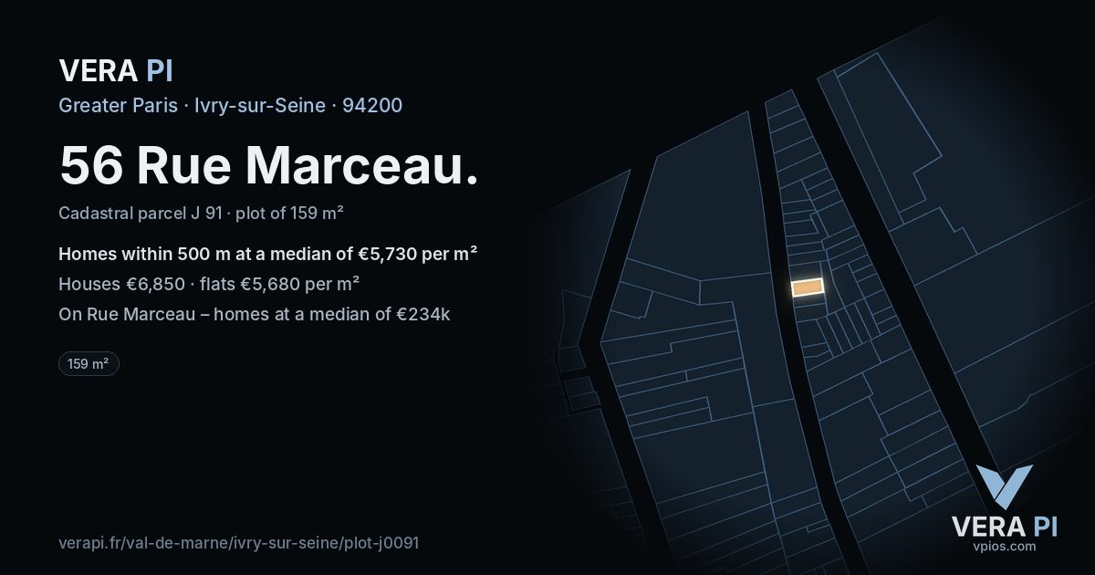 56 Rue Marceau, Ivry-sur-Seine at night – the plot lit, the parcels around coloured by the prices near them