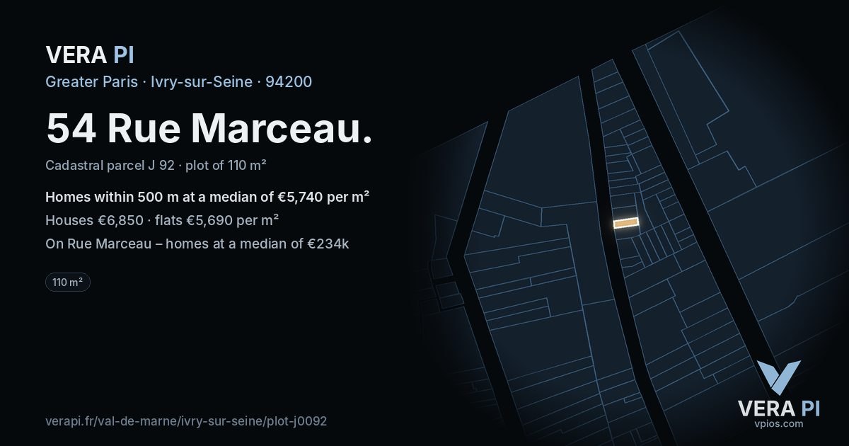 54 Rue Marceau, Ivry-sur-Seine at night – the plot lit, the parcels around coloured by the prices near them