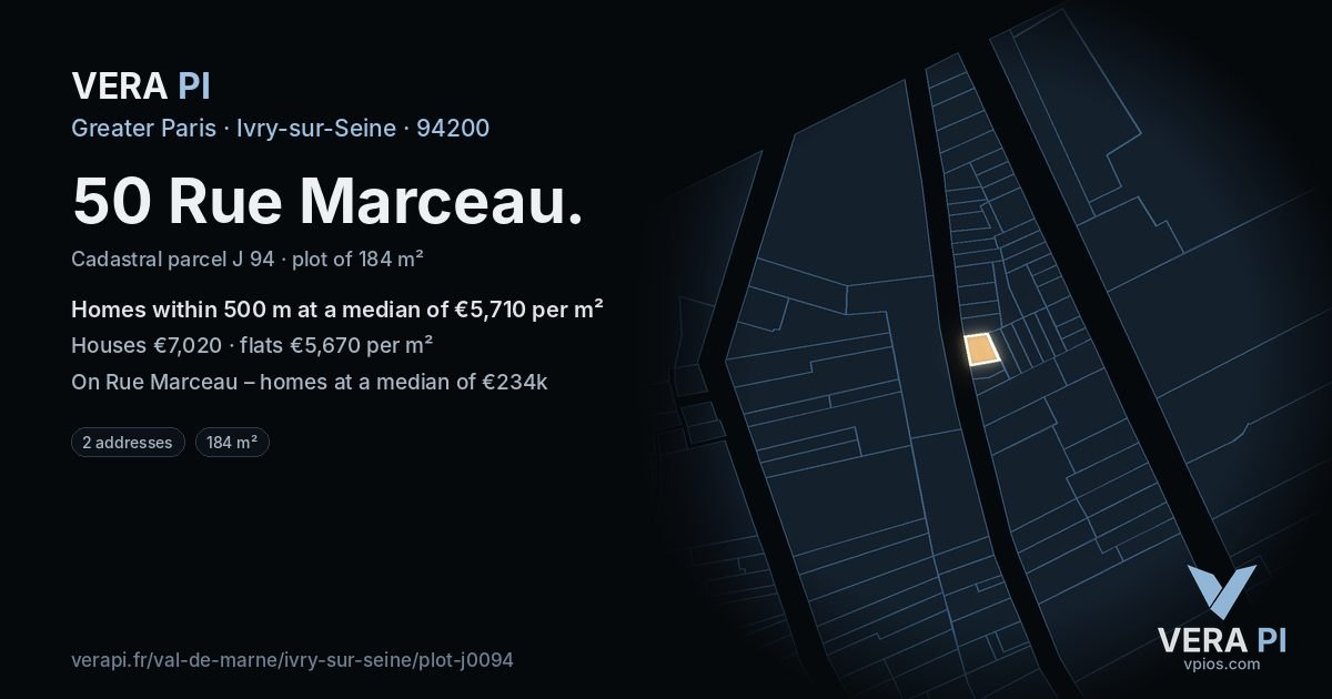 50 Rue Marceau, Ivry-sur-Seine at night – the plot lit, the parcels around coloured by the prices near them