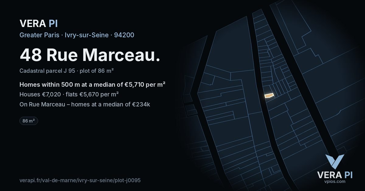 48 Rue Marceau, Ivry-sur-Seine at night – the plot lit, the parcels around coloured by the prices near them