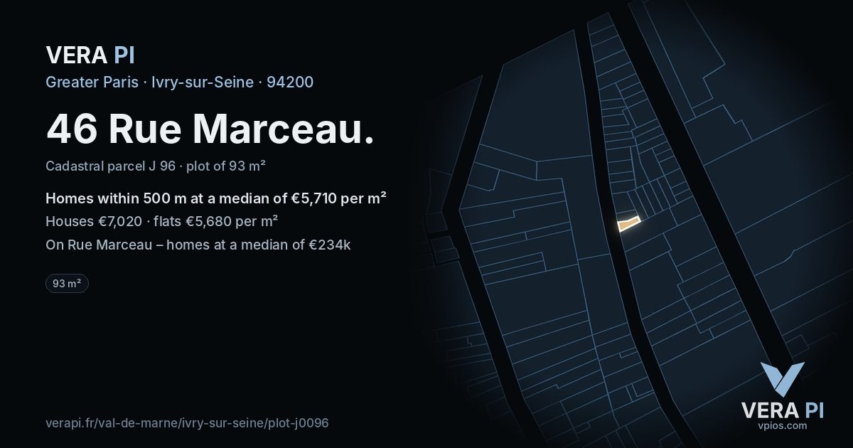 46 Rue Marceau, Ivry-sur-Seine at night – the plot lit, the parcels around coloured by the prices near them