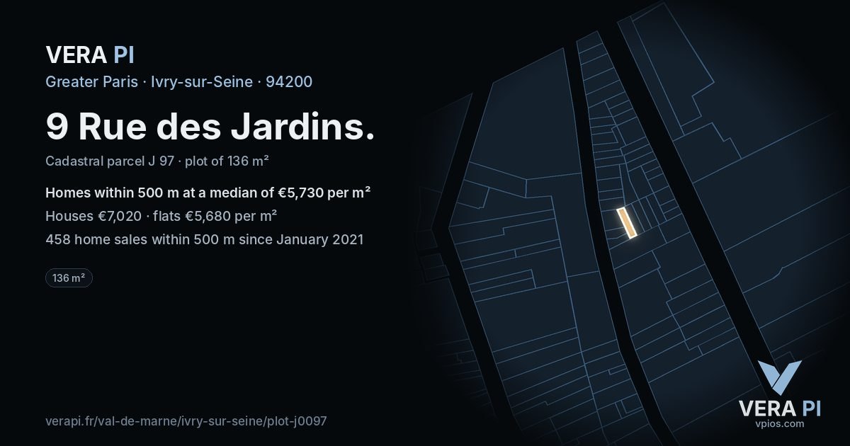 9 Rue des Jardins, Ivry-sur-Seine at night – the plot lit, the parcels around coloured by the prices near them