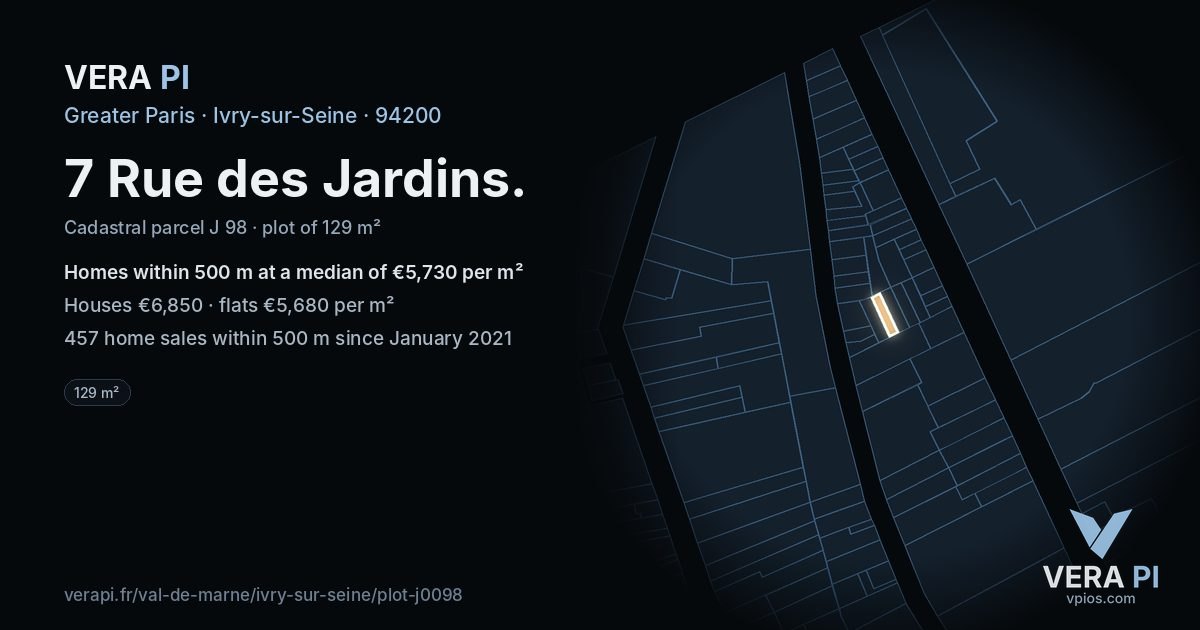 7 Rue des Jardins, Ivry-sur-Seine at night – the plot lit, the parcels around coloured by the prices near them