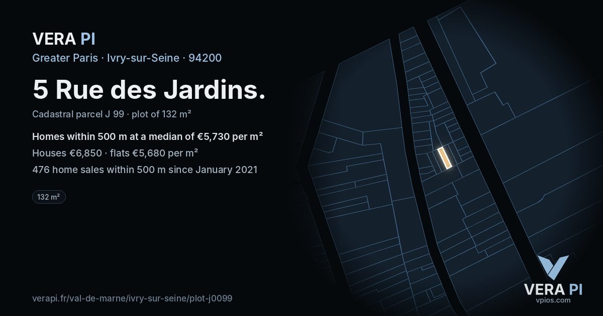 5 Rue des Jardins, Ivry-sur-Seine at night – the plot lit, the parcels around coloured by the prices near them