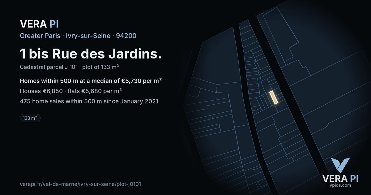 1 bis Rue des Jardins, Ivry-sur-Seine at night – the plot lit, the parcels around coloured by the prices near them