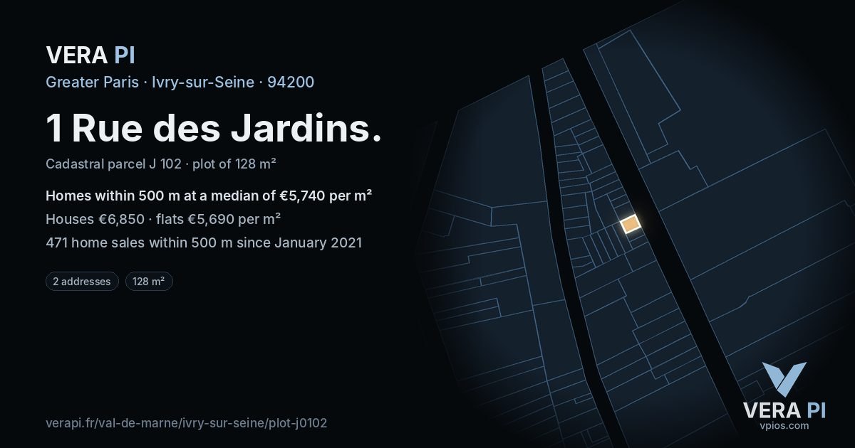 1 Rue des Jardins, Ivry-sur-Seine at night – the plot lit, the parcels around coloured by the prices near them