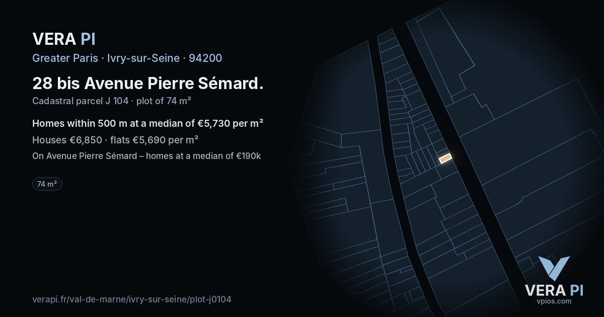 28 bis Avenue Pierre Sémard, Ivry-sur-Seine at night – the plot lit, the parcels around coloured by the prices near them