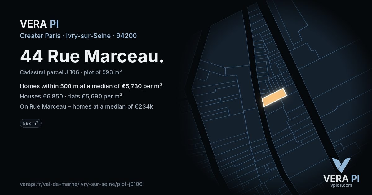 44 Rue Marceau, Ivry-sur-Seine at night – the plot lit, the parcels around coloured by the prices near them
