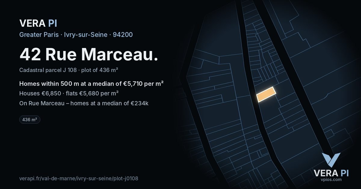 42 Rue Marceau, Ivry-sur-Seine at night – the plot lit, the parcels around coloured by the prices near them